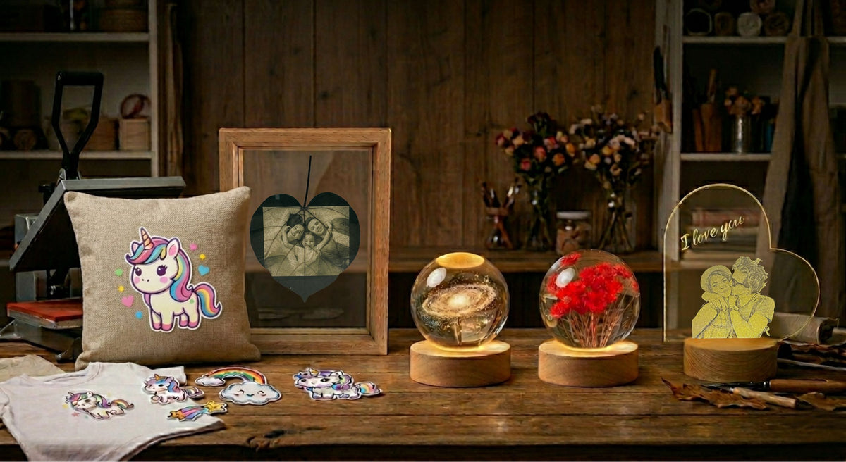Personalisierte Geschenke von GRAVARIA: Bügelbilder auf Kissen und Kinder-T-Shirt, graviertes Herzblatt im Holzrahmen, Kristallkugel, Blütenkugel und LED-Fotolampe auf einem Holztisch